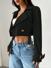 Black cropped double-breasted trench coat with belt and adjustable cuffs