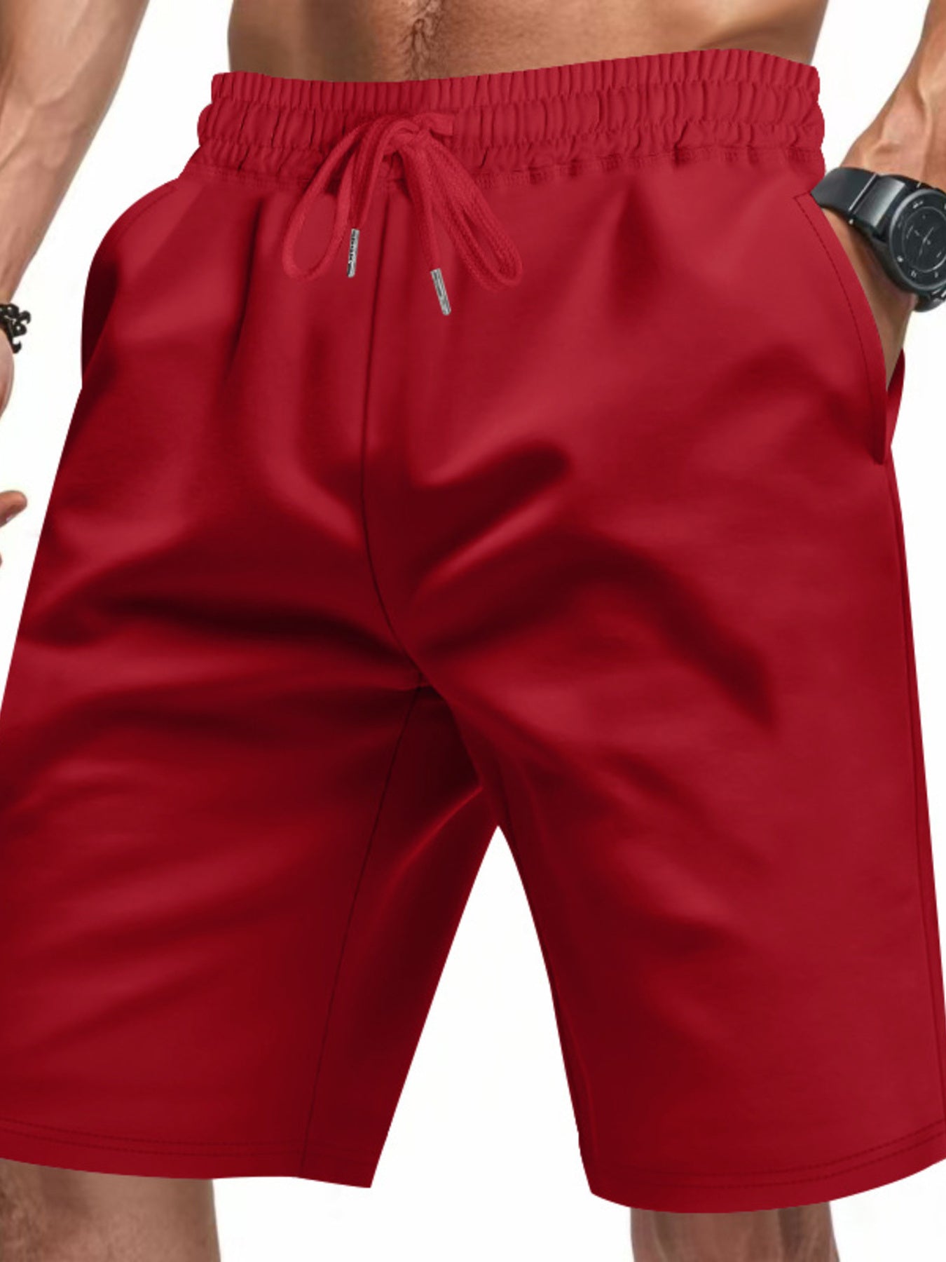 Bright red chino shorts with drawstring waist and pockets.