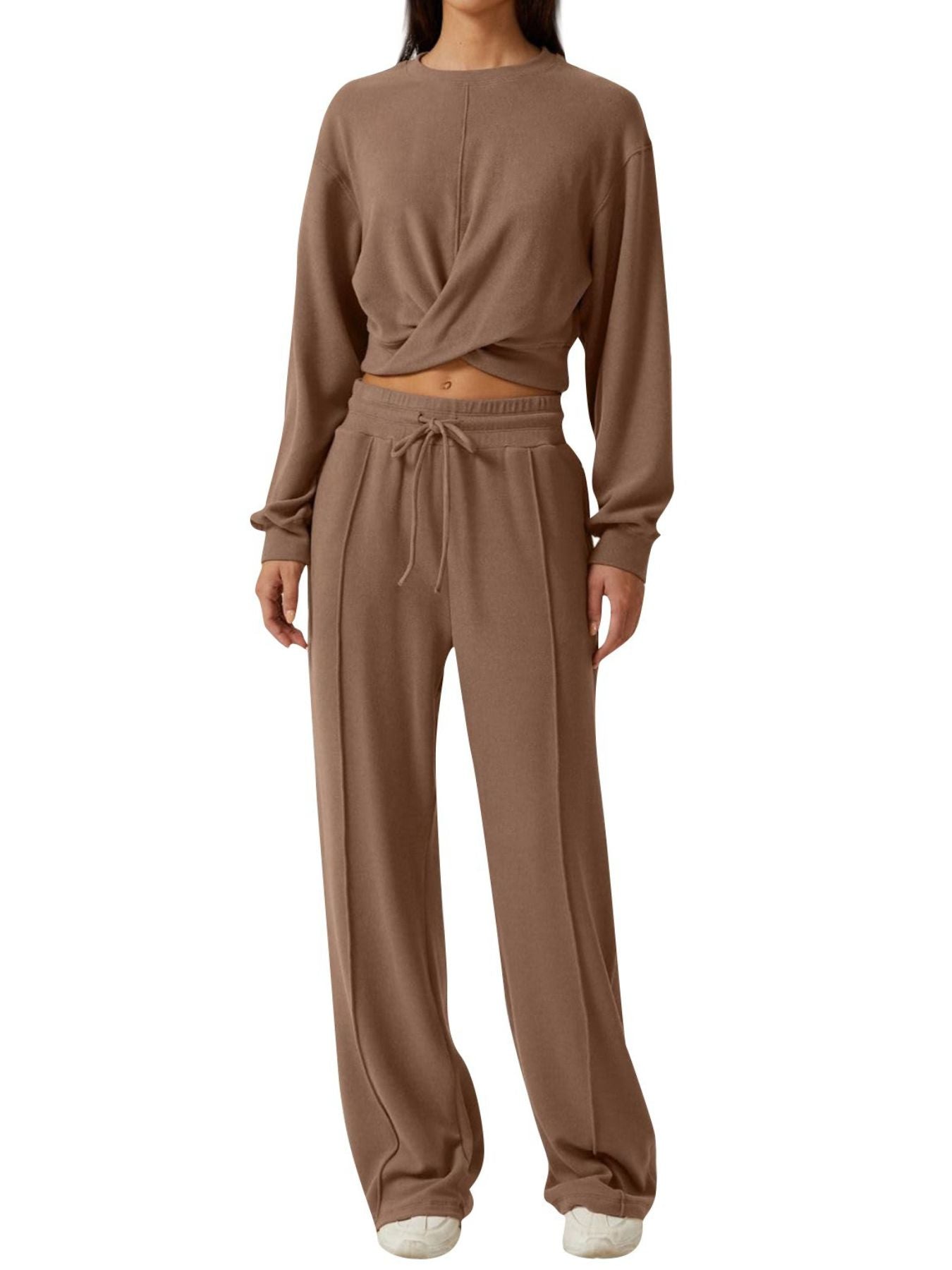 Camel cropped twist-front top and relaxed fit drawstring pants set
