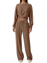 Camel cropped twist-front top and relaxed fit drawstring pants set