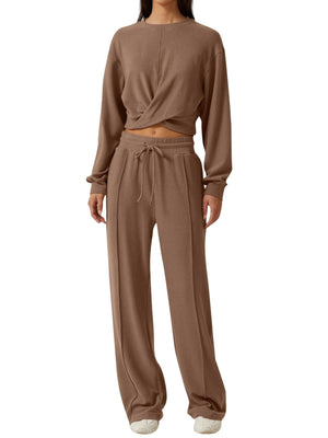 Camel cropped twist-front top and relaxed fit drawstring pants set