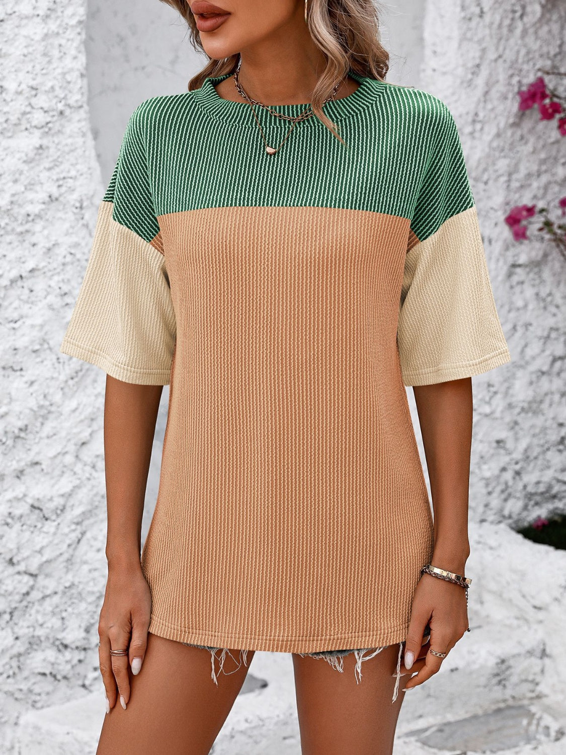 Mandy Color Pop T-Shirt in green, tan, and cream color block with a ribbed texture.
