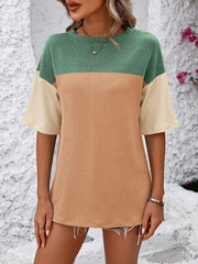 Mandy Color Pop T-Shirt in green, tan, and cream color block with a ribbed texture.
