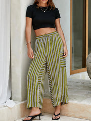 Moss green striped cargo culottes with drawstring waist and side pockets.