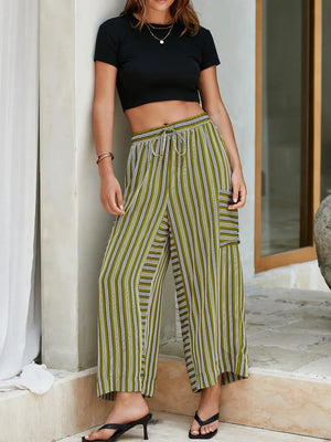 Moss green striped cargo culottes with drawstring waist and side pockets.