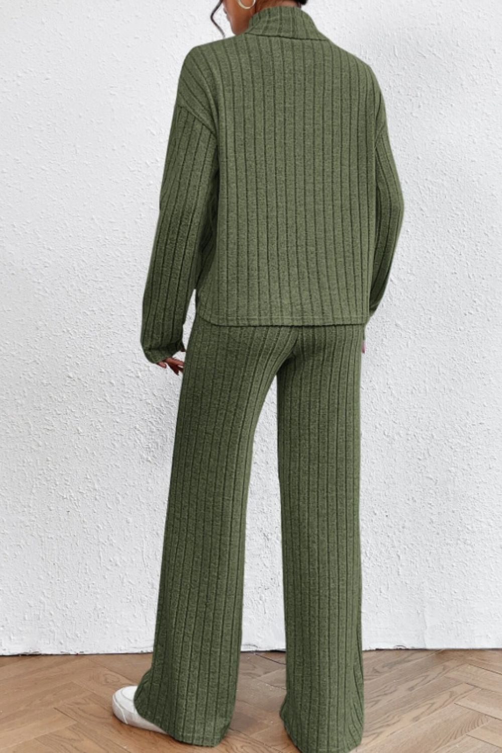 Ribbed knit turtleneck lounge set in Matcha Green with wide leg pants and long sleeves.