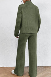 Ribbed knit turtleneck lounge set in Matcha Green with wide leg pants and long sleeves.