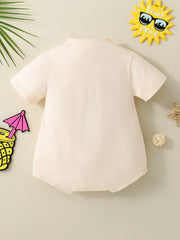 Baby beige short-sleeve bodysuit with a mock neck.