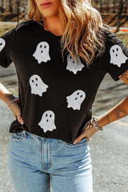 Black crew neck t-shirt with allover glitter ghost print