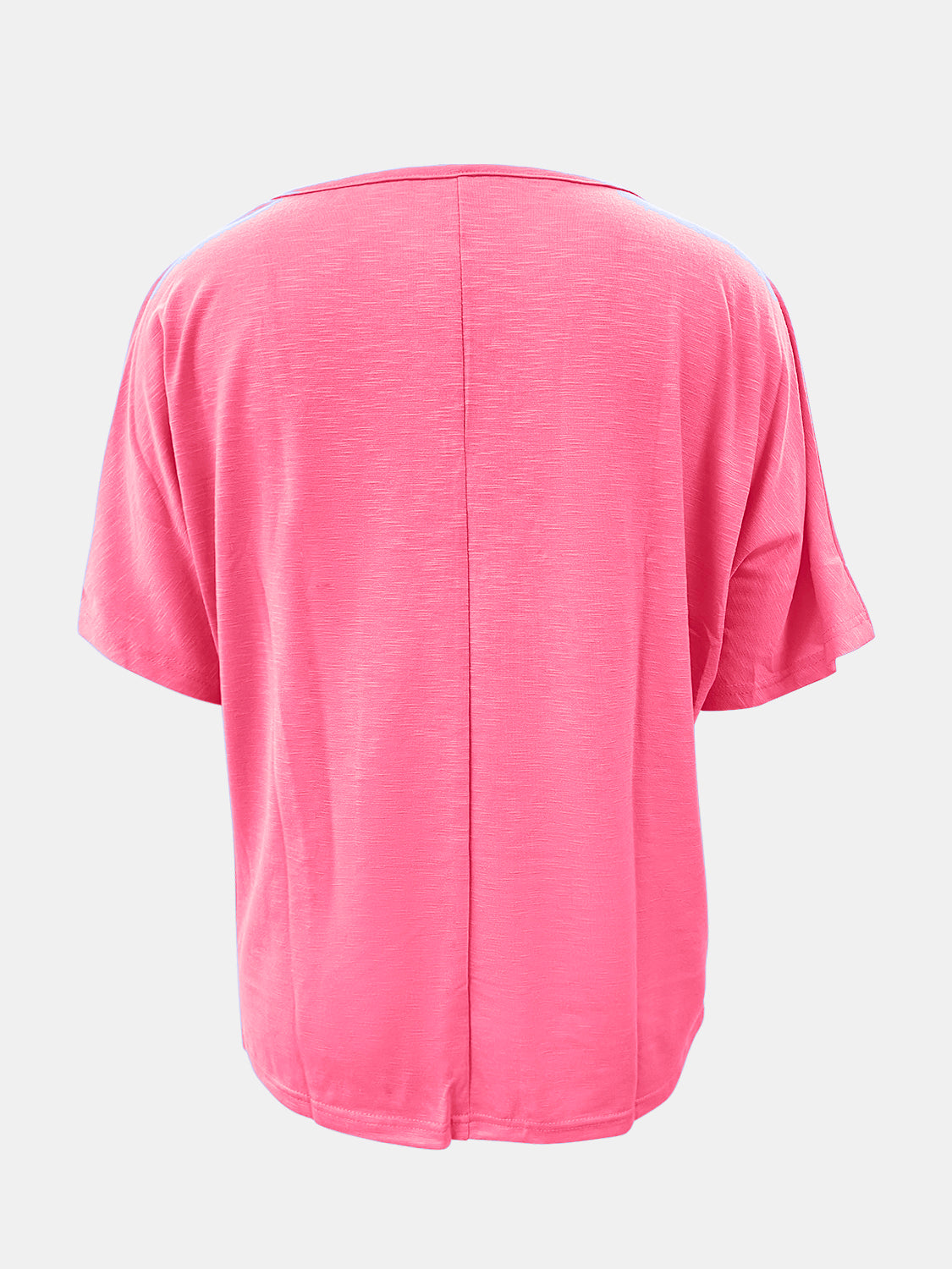 Relaxed V-neck tee in strawberry pink with dolman sleeves and textured fabric.