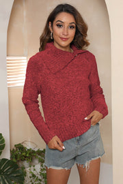 Deep Red textured knit sweater with asymmetric collar and long sleeves.