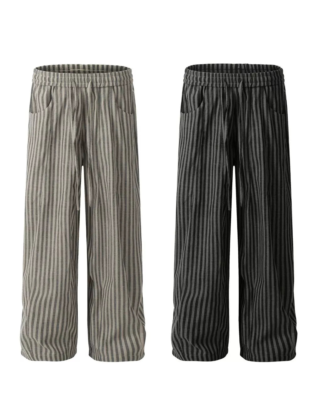 Men's striped drawstring sweatpants in black and gray cotton with pockets.
