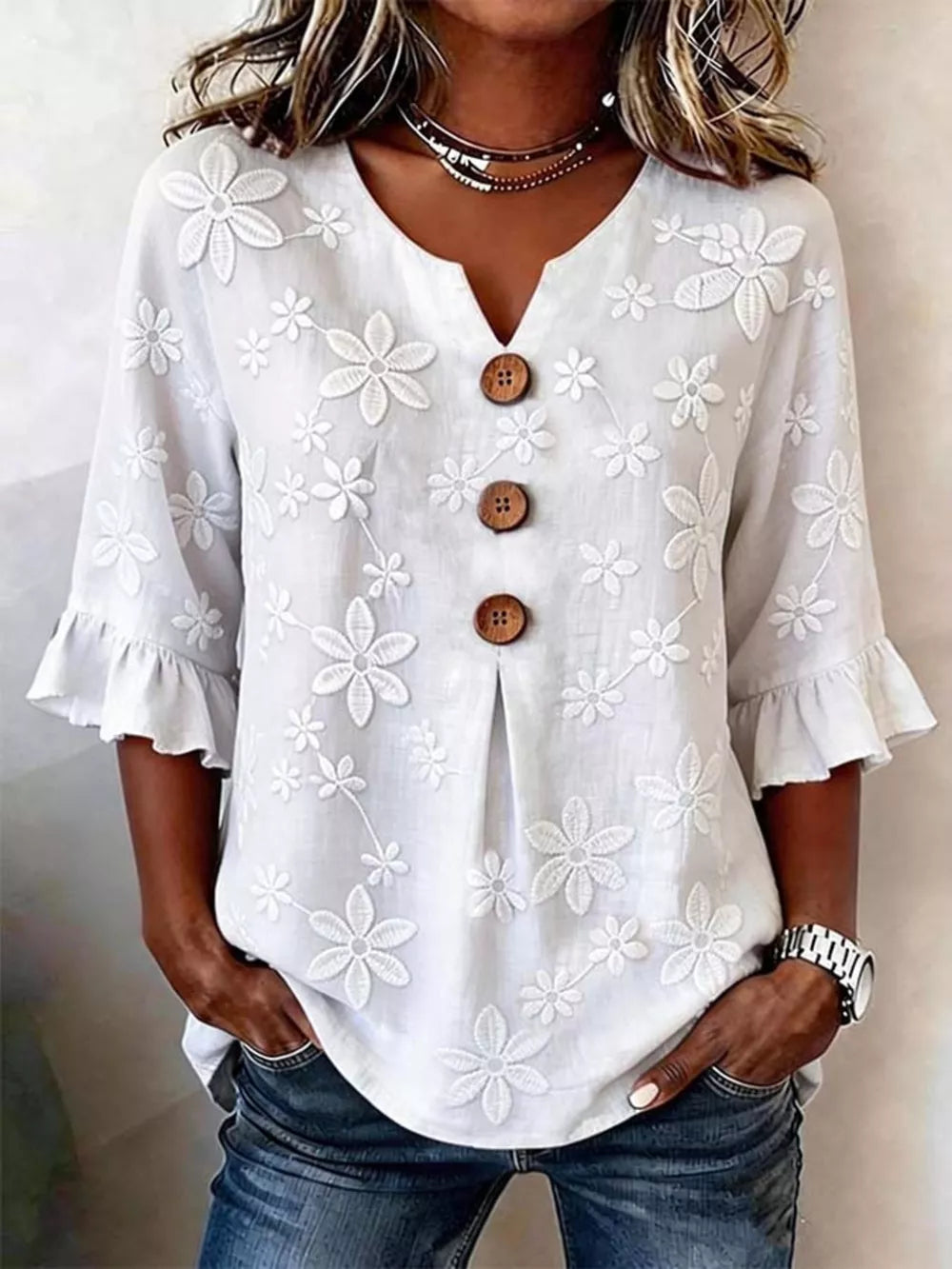 Full Size Floral Button Decor 3/4 Sleeve Blouse in White, front view