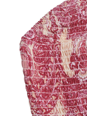 Paisley print smocked crop top in red and cream with elastane detail.