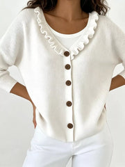 Ruffled Neckline Button-up Cardigan in White, front view