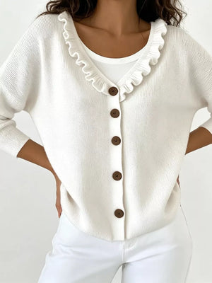 Ruffled Neckline Button-up Cardigan in White, front view