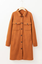 Caramel quilted overshirt jacket with patch pockets and button front