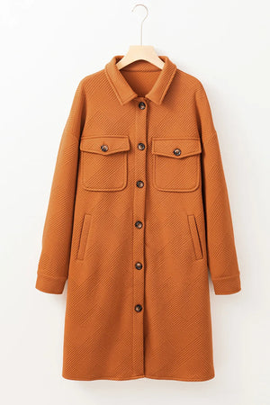 Caramel quilted overshirt jacket with patch pockets and button front