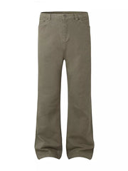 Men's high-waisted flare leg trousers in olive green with a relaxed fit.