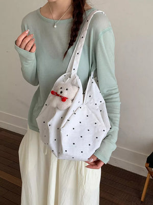 Polka Dot Shoulder Bag in White, close-up detail