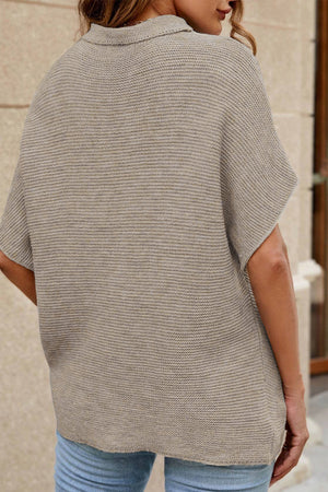Boxy knit top in camel with dolman sleeves and a collared neckline.