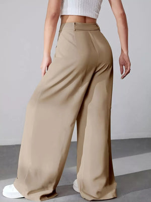 Khaki high-waisted pleated wide-leg maternity trousers with a button-down detail.