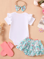 White ruffled sleeve bodysuit with floral bunny print skirt and bow headband