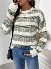 Chic contrast knit pullover sweater in sage with a geometric pattern and crew neck.