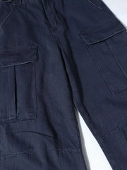 Blue casual cargo pants with flap pockets and button closure.