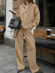 Camel quarter zip top and wide leg pants set with a relaxed fit.