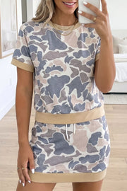 Camouflage Short Sleeve Top And Skirt Set, front view
