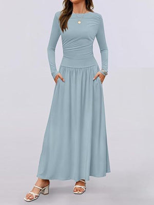 Sky blue ruched long sleeve maxi dress with pockets