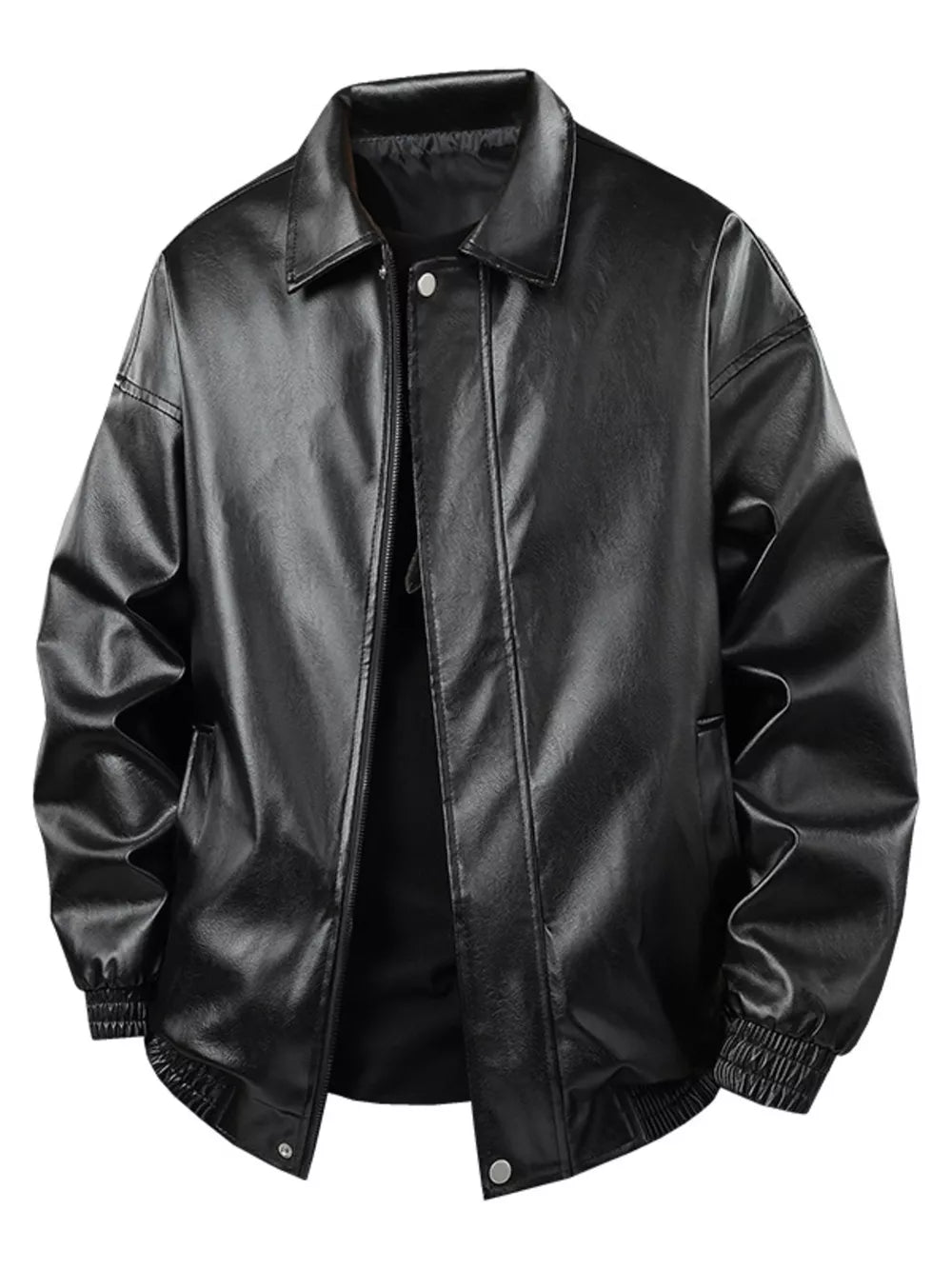 Black faux leather varsity jacket with zip and button closure, elastic cuffs and hem.