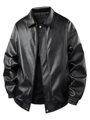 Black faux leather varsity jacket with zip and button closure, elastic cuffs and hem.