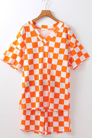 Orange and white checkered V-neck t-shirt and shorts set