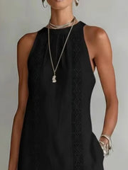 Black sleeveless midi dress with lace trim and pockets