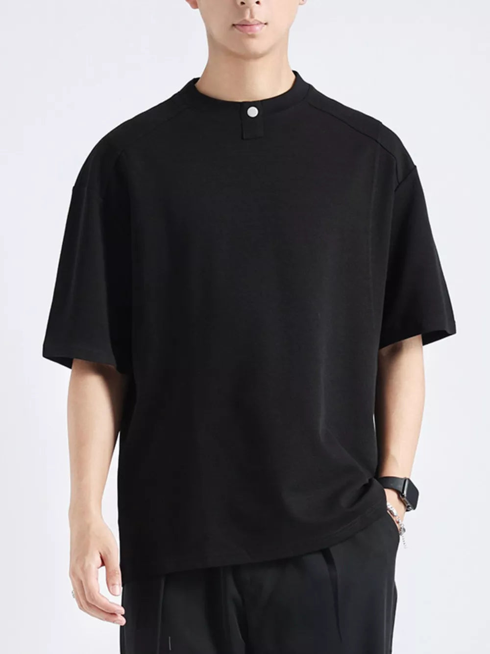 Men's black cotton short sleeve tee with mandarin collar and button detail
