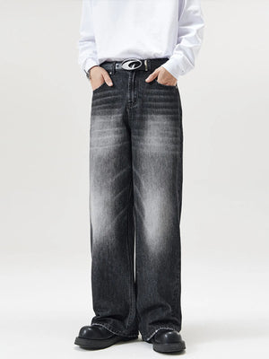 Men's wide-leg wash denim jeans in black with a faded effect.