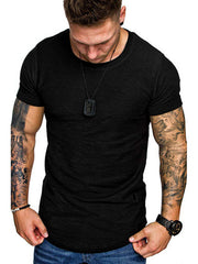 Black slim fit round neck t-shirt with textured fabric.