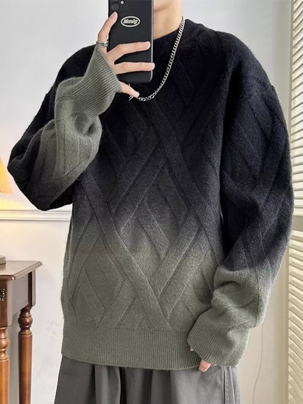 Men's gradient knit sweater with lattice design in gray and brown, crew neck, long sleeves.