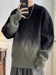 Men's gradient knit sweater with lattice design in gray and brown, crew neck, long sleeves.
