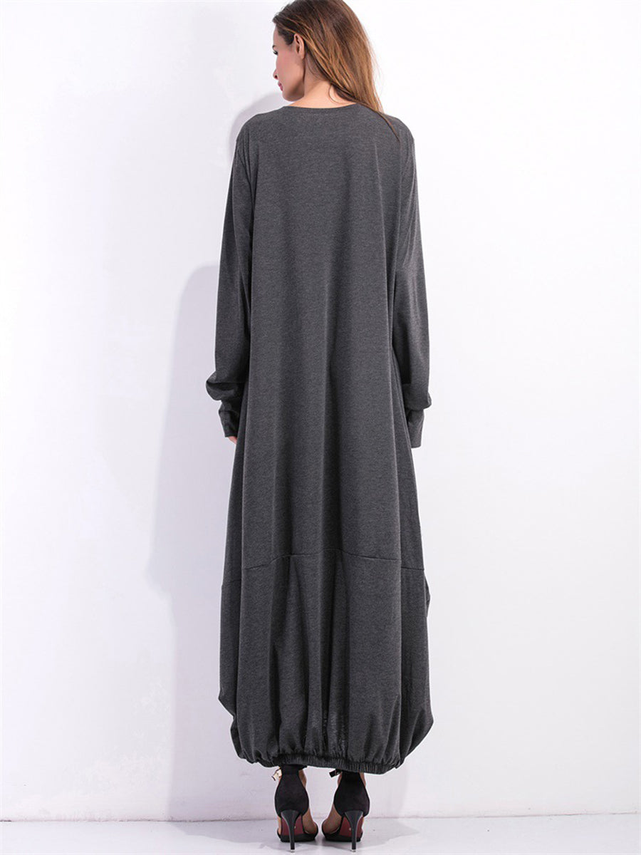 Dark gray long sleeve maxi dress with balloon hem detail