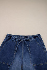 Drawstring Raw Hem Wide Leg Denim Pants, editorial view
