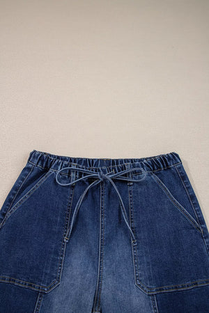 Drawstring Raw Hem Wide Leg Denim Pants, editorial view