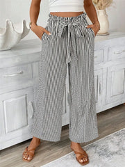 Striped paper bag maternity pants with tie waist and wide leg