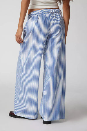 Light blue and white striped wide-leg drawstring trousers with a relaxed fit.