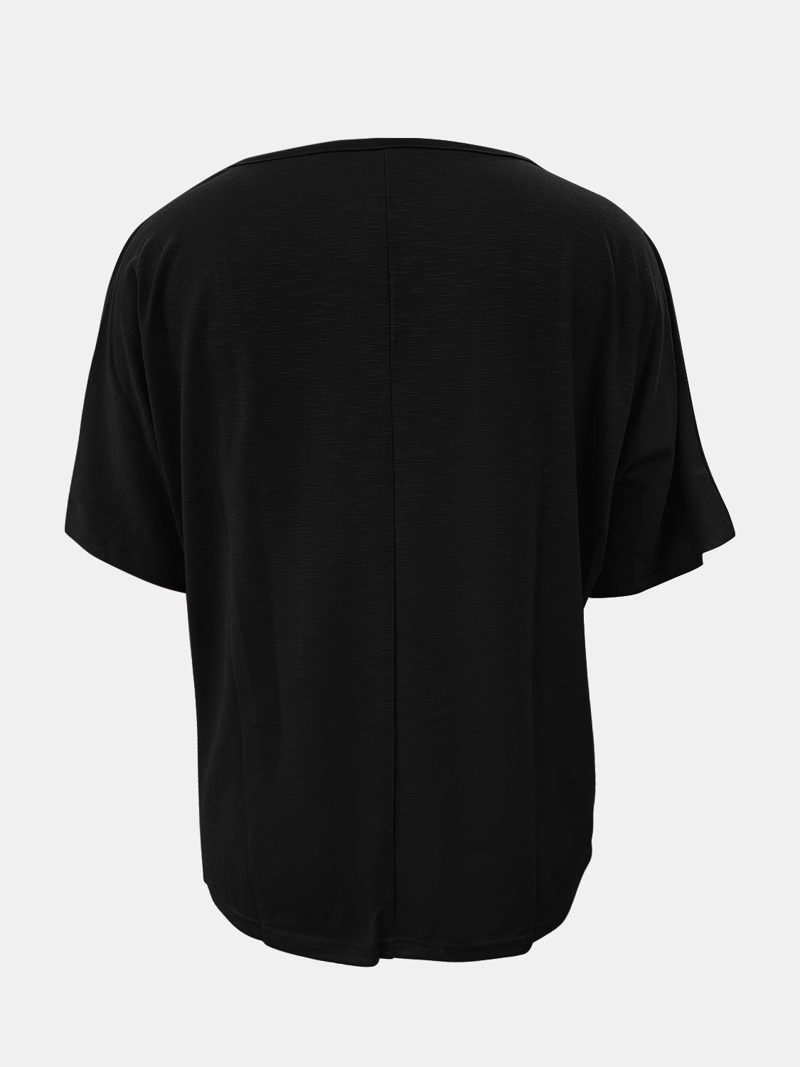 Black relaxed V-neck dolman sleeve tee with textured fabric and center seam detail.