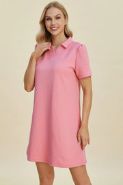 Pink textured V-neck short sleeve mini dress with geometric pattern