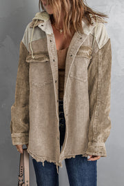 Colorblock corduroy hooded utility jacket with frayed hem and chest pockets.