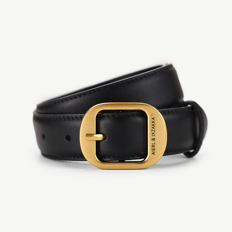 Black cowhide leather belt with gold oval buckle and embossed logo